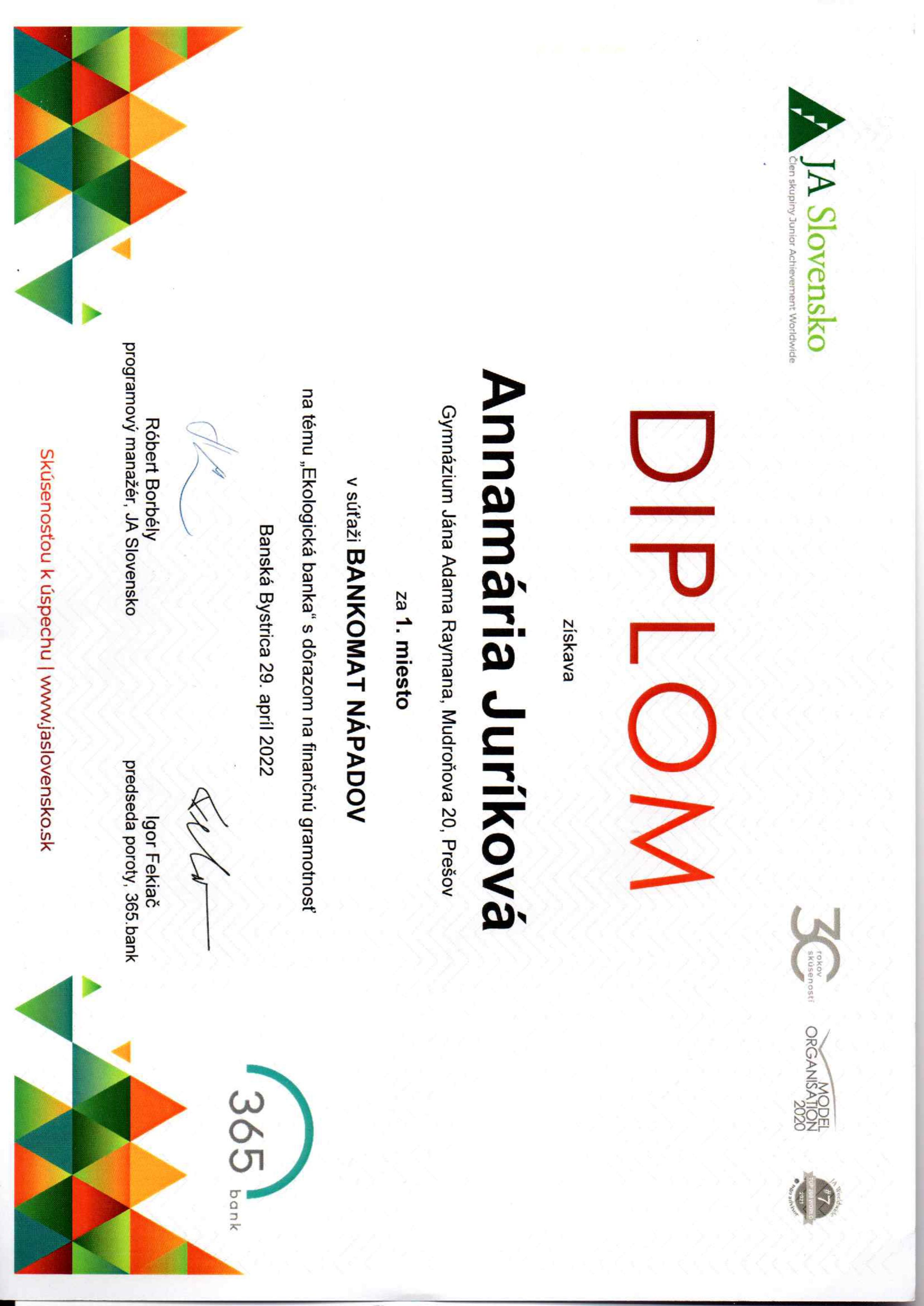 Súťaž bankomat nápadov - diplom